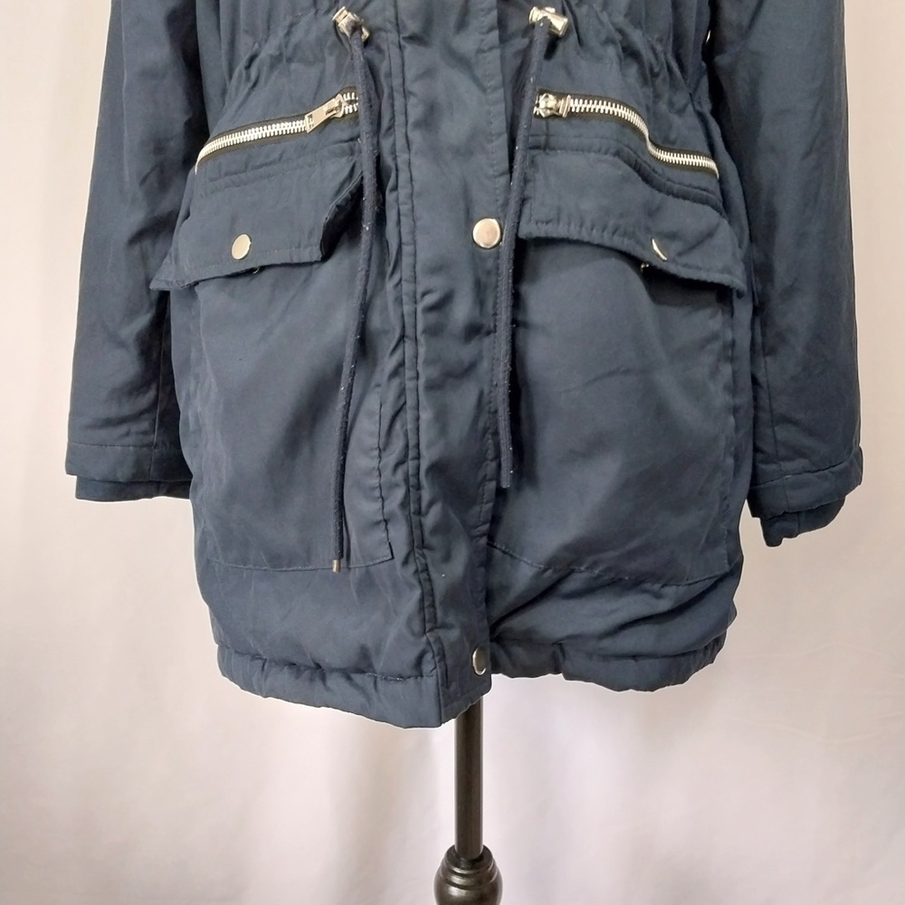 Tiffosi Navy Blue Hooded White Faux Fur Zip Up Button Down Long Sleeve Jacket M - Picture 4 of 15